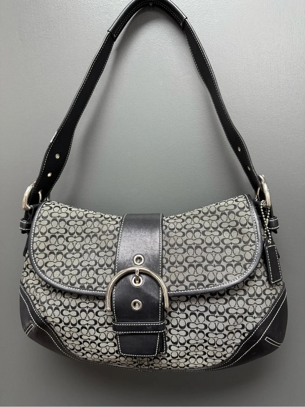 Coach Black and Gray Mini C Signature SoHo Buckle Flap Hobo-EUC